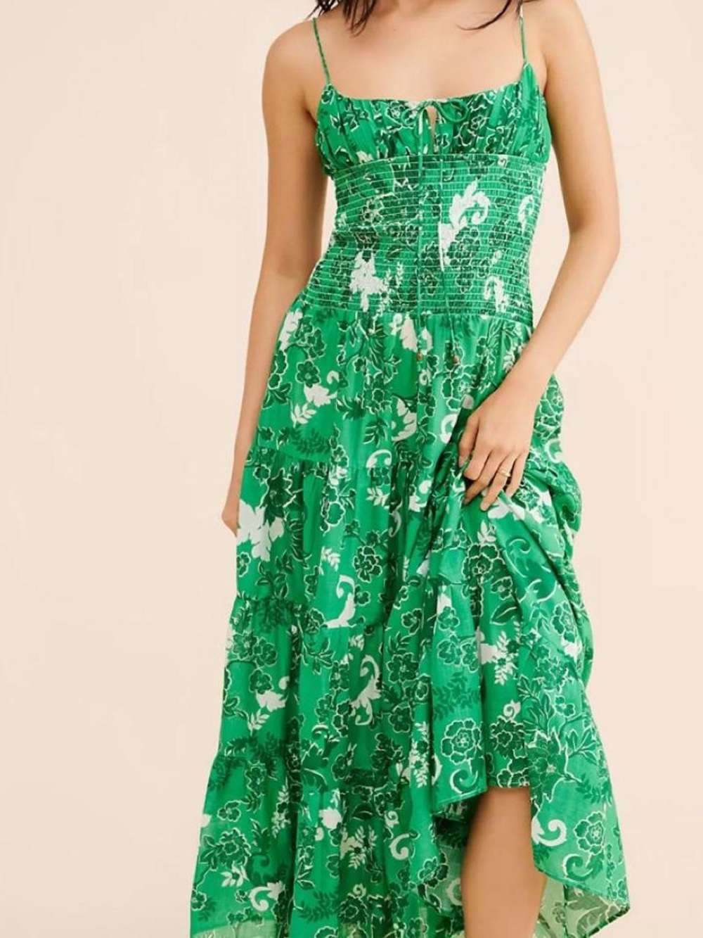 Anthropologie Green Floral Smocked High-Low Maxi Dress